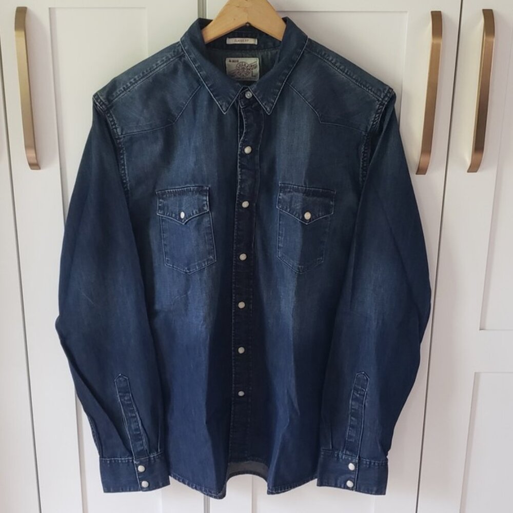 Lucky Brand Denim Western Shirt Mens L Dark Wash Classic Fit Snap Button Pockets